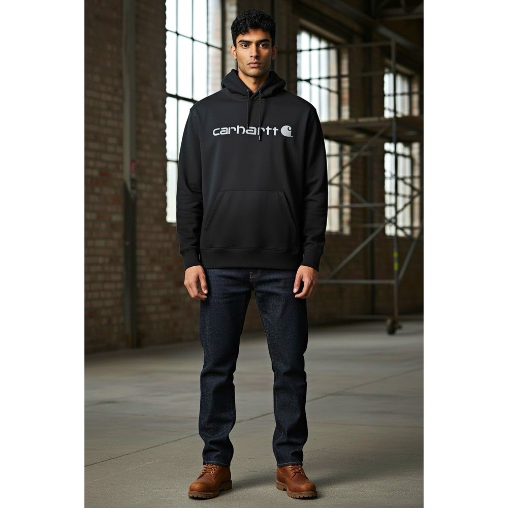 Carhartt Force Men's L Black Pullover Fleece Hoodie Relaxed Fit Logo Pockets